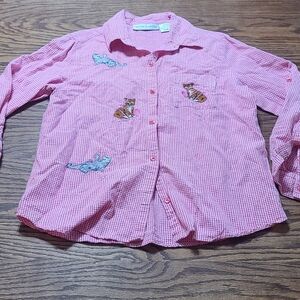 Victoria Jones Button Up Womens large Pink Gingham Check Cats Rhinestone kitsch